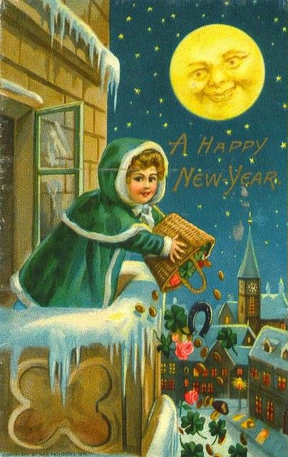 Happy New Year Cartoon Characters Vintage Postcard