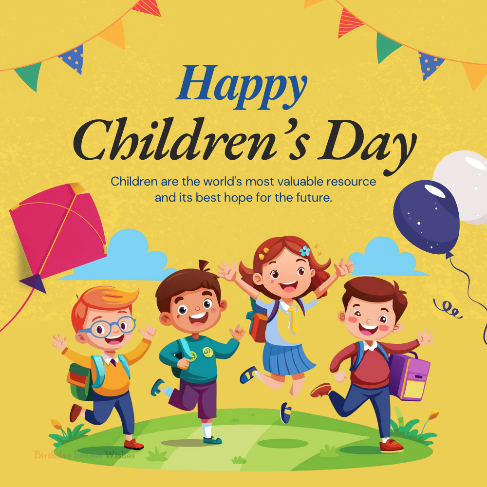 Happy Childrens Day Image – Kids Celebrating Joy with Balloons & Kites | Heartwarming Wishes