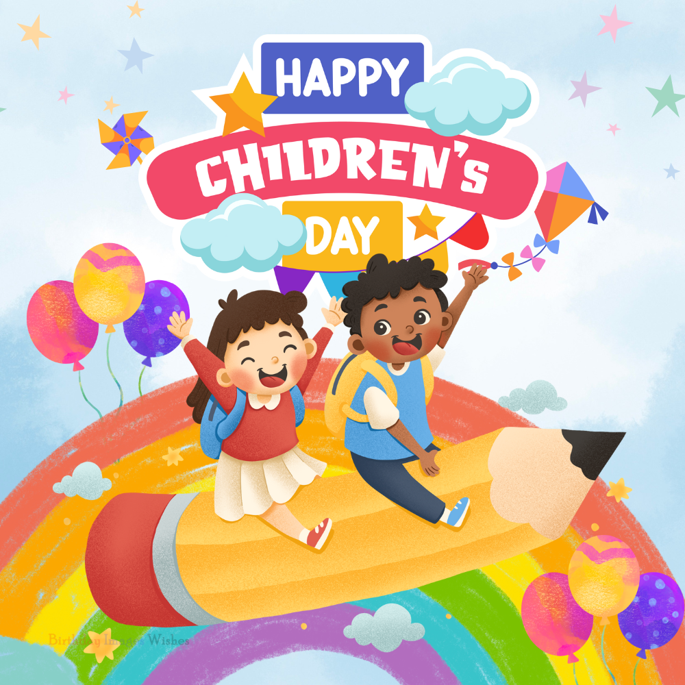 Creative Happy Childrens Day Image – Kids Flying High on Dreams and Rainbows