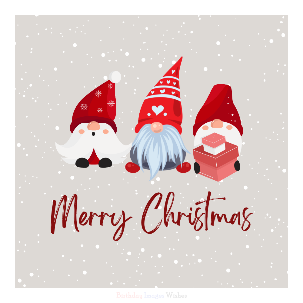 Cute Merry Christmas Images and Wishes with Gnomes and Festive Gift Boxes