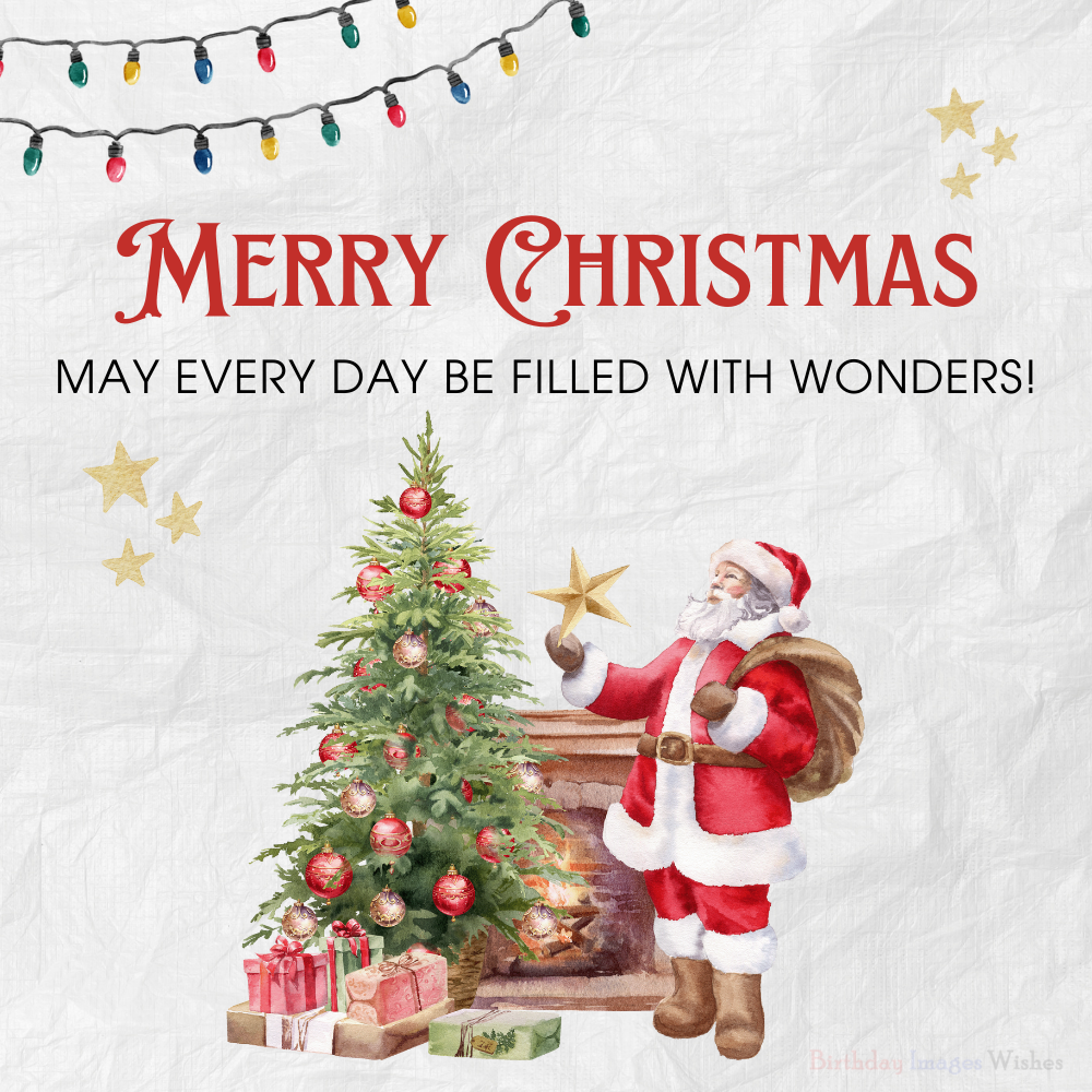 Merry Christmas Images and Wishes with Santa, Tree, Gifts and Festive Holiday Decor