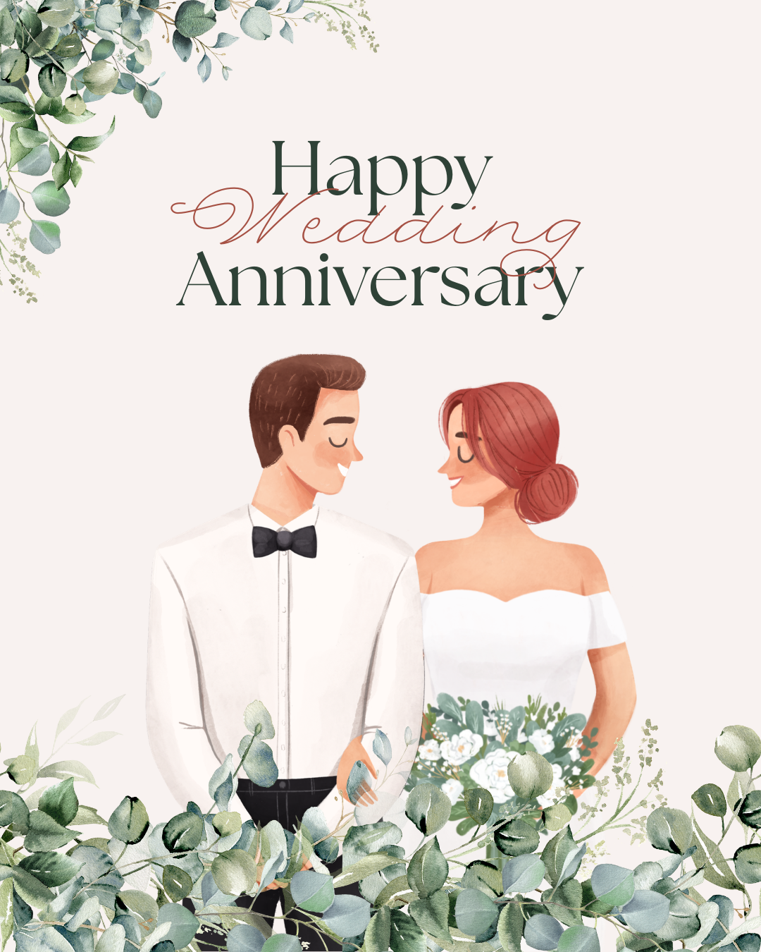 Happy Wedding Anniversary Images and Wishes – Elegant Bride Groom Floral Illustration