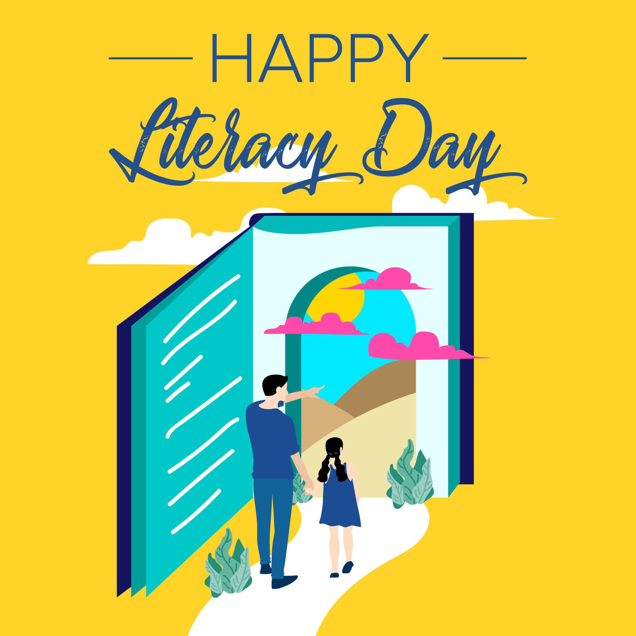 Teacher and students celebrating literacy and education
